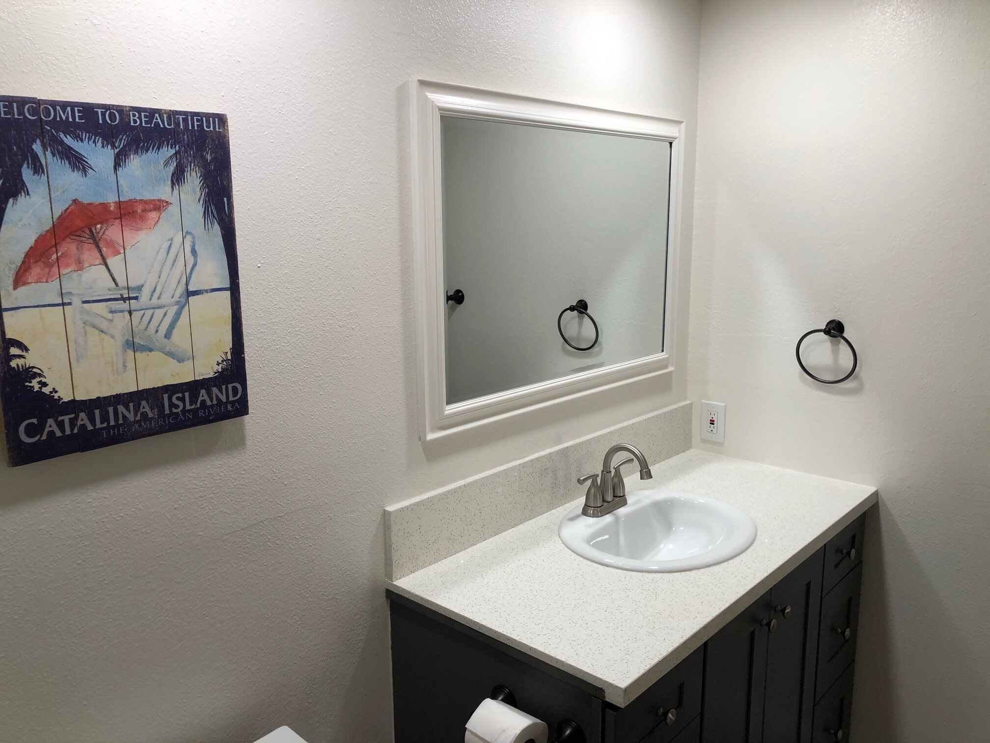 A bathroom with a white sink, dark cabinets, a mirror, and a towel ring.