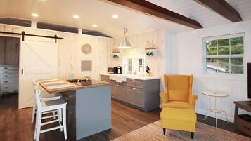 Fridge, microwave, stovetop, coffee/tea maker