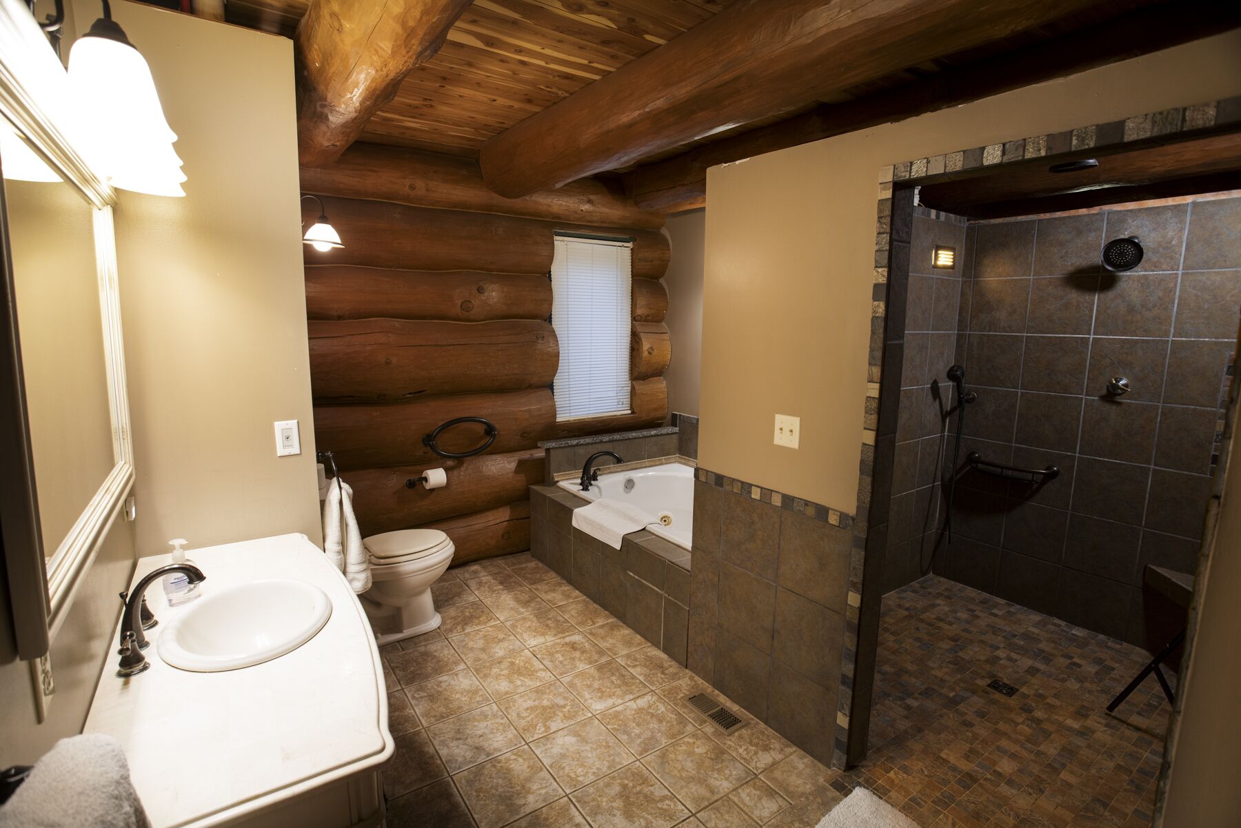 Een badkamer met een wand van een houten boomstam, een wastafel, toilet en douchehoek.