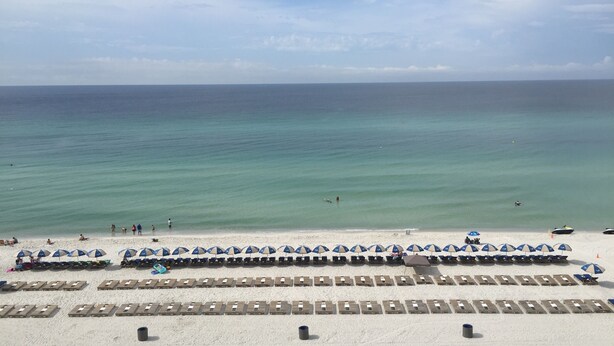 A beach with rows of sun loungers and umbrellas, a sandy beach, and the ocean.