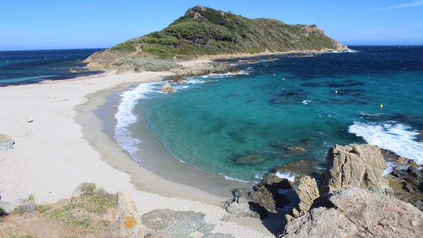 A beach with clear turquoise waters, a sandy shore, and a rocky outcrop. - Charming Apt On Cote D'azur With Sea Views, Walking Distance To Beach And Shops  (La Croix-Valmer)