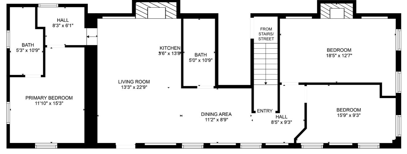 Un plan d’étage d’une propriété comprenant une chambre principale, une chambre secondaire, un salon, une cuisine, un coin repas et un hall d’entrée.