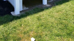 Een witte buitenschuur met twee deuren, elk voorzien van een nummer.