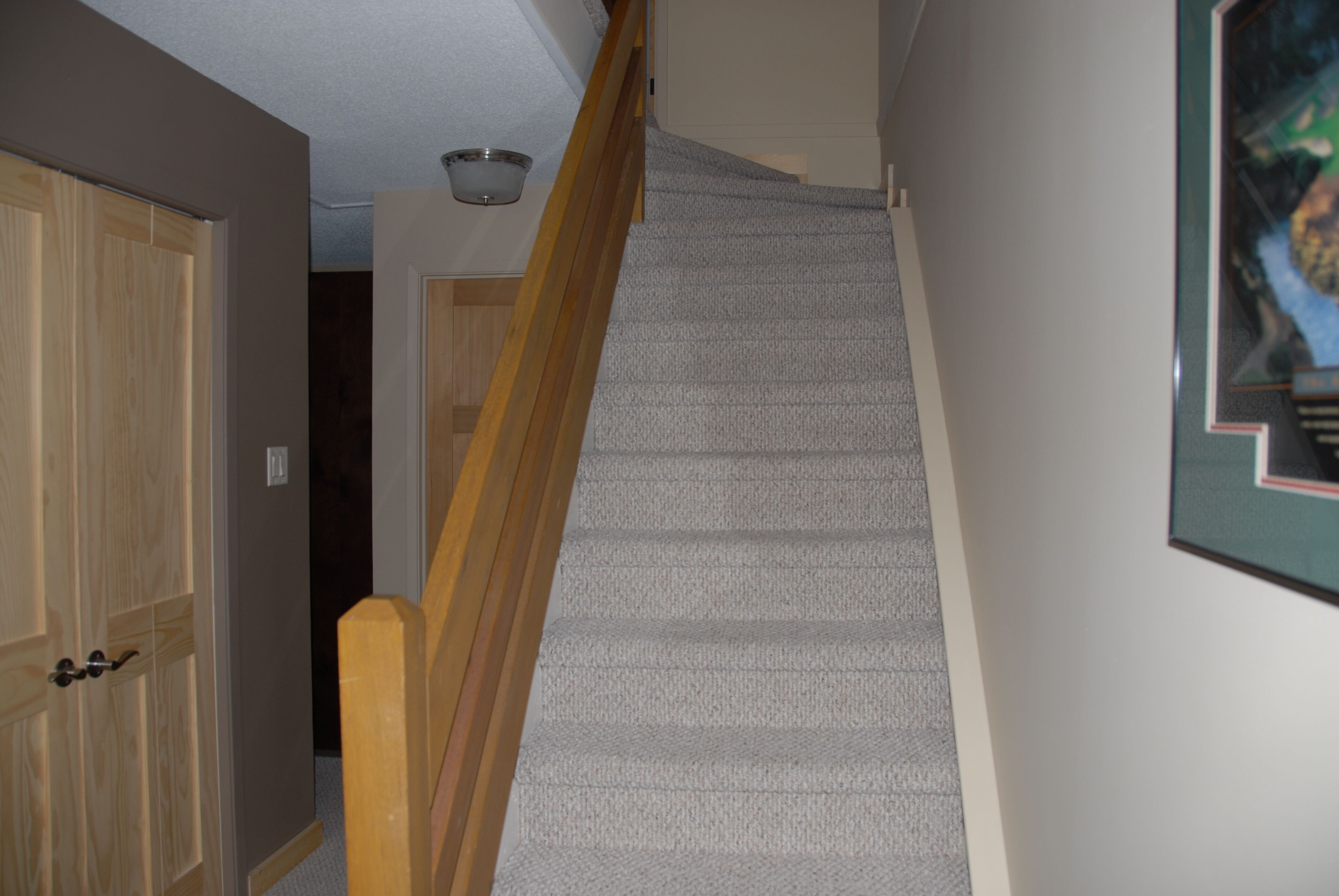 Un escalier avec une rampe en bois et des marches recouvertes de moquette, menant à une pièce dotée d’une porte et d’un luminaire au plafond.