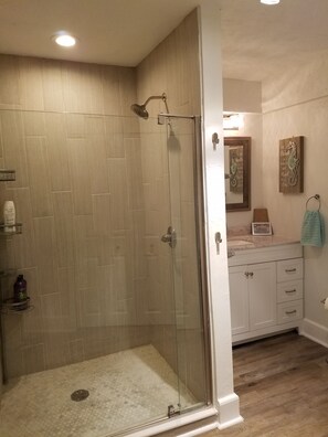 Combined shower/bathtub, hair dryer, towels