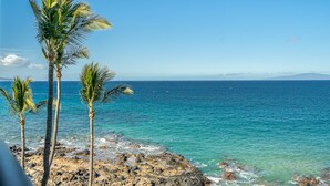A coastal view with palm trees and clear blue water. - 402 - Spectacular Oceanview Unit with A/C! 2 sofa beds! (Kihei)