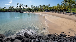 A beach with clear water, palm trees, and a rocky shoreline.