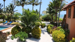Un resort con piscina, palmeras y vista al océano.