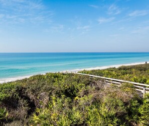 A coastal landscape with a beach, dense vegetation, and a clear blue sky.