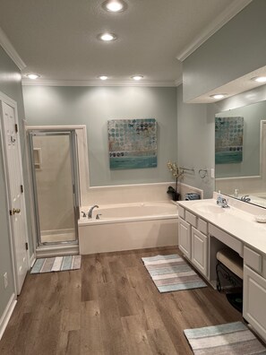 Combined shower/tub, jetted tub, hair dryer, towels