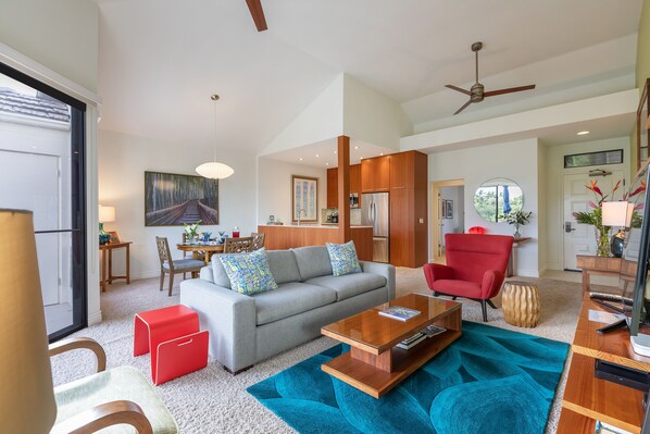 Télévision, lecteur de DVD, livres, chaîne hi-fi