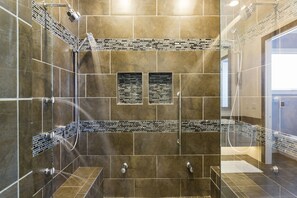 Hair dryer, towels, soap, shampoo