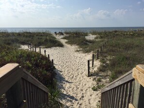 A sandy beach path leading to the ocean, surrounded by grassy dunes and wooden railings. - Direct Oceanfront Bright and Airy Condo (Hilton Head Island)
