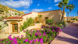 Ein Gebäude im mediterranen Stil mit einem Ziegeldach, einer Palme und leuchtend violetten Blumen.