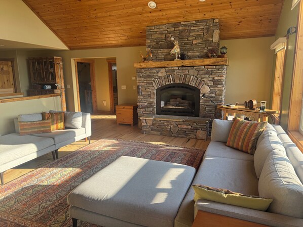 Een televisie, een open haard, een dvd-speler en boeken