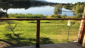 A balcony with a view of a lake, grassy area, and a bridge.