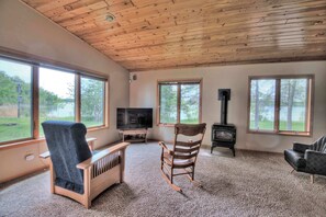 Smart TV, fireplace, books