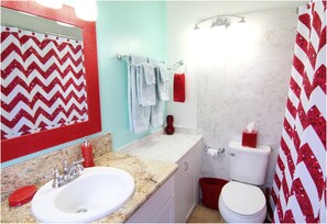 Hair dryer, towels, soap, shampoo