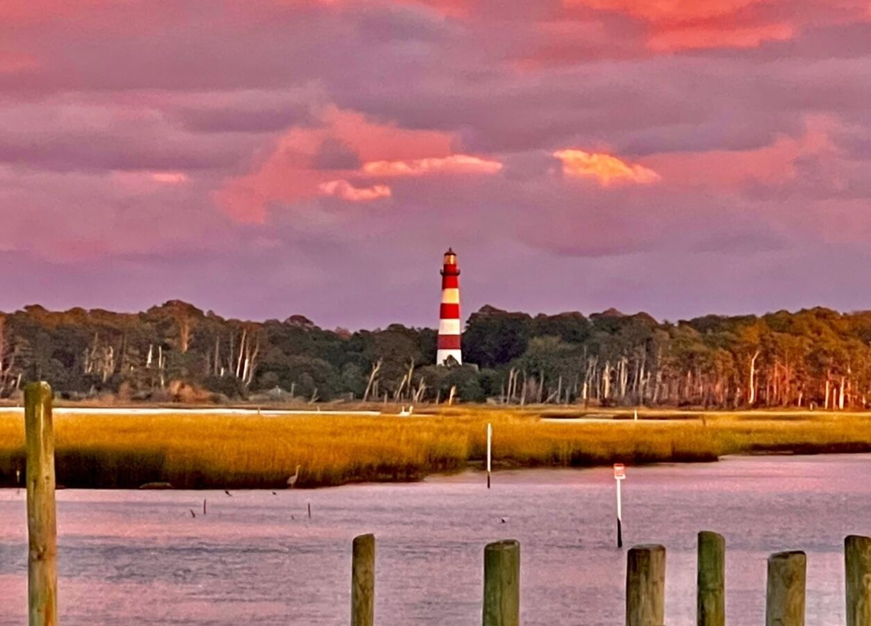 Un faro affacciato su una distesa d'acqua, con una collina boscosa sullo sfondo.