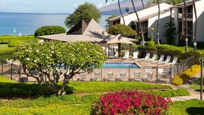 Un resort con zona de piscina, palmeras y vista al océano.