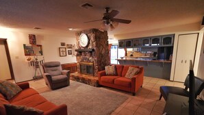 Una sala de estar con chimenea, un sofá, una silla y un televisor.