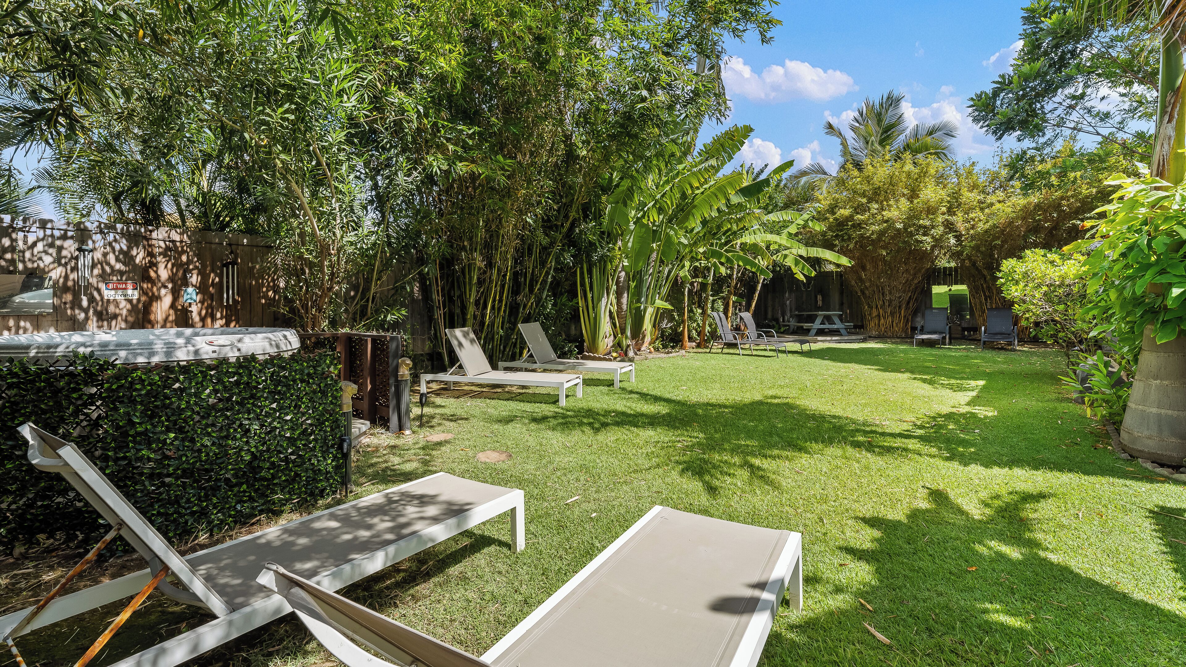 A backyard with a grassy lawn, a picnic table, and two lounge chairs.