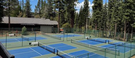 Un complejo de canchas de tenis con varias canchas, rodeado de altos árboles y un edificio al fondo.