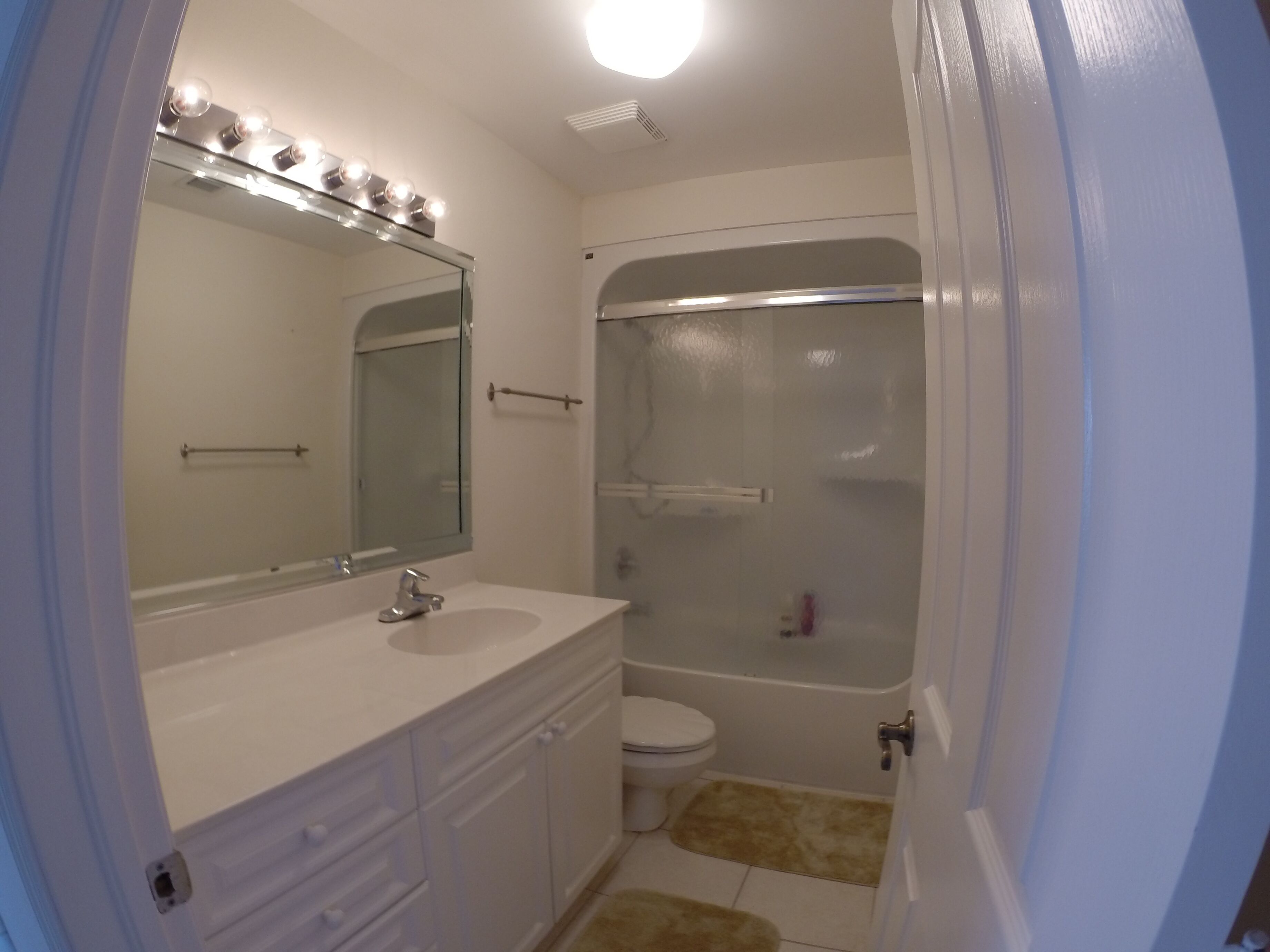 A bathroom with a vanity, a mirror, a shower enclosure, and a toilet.
