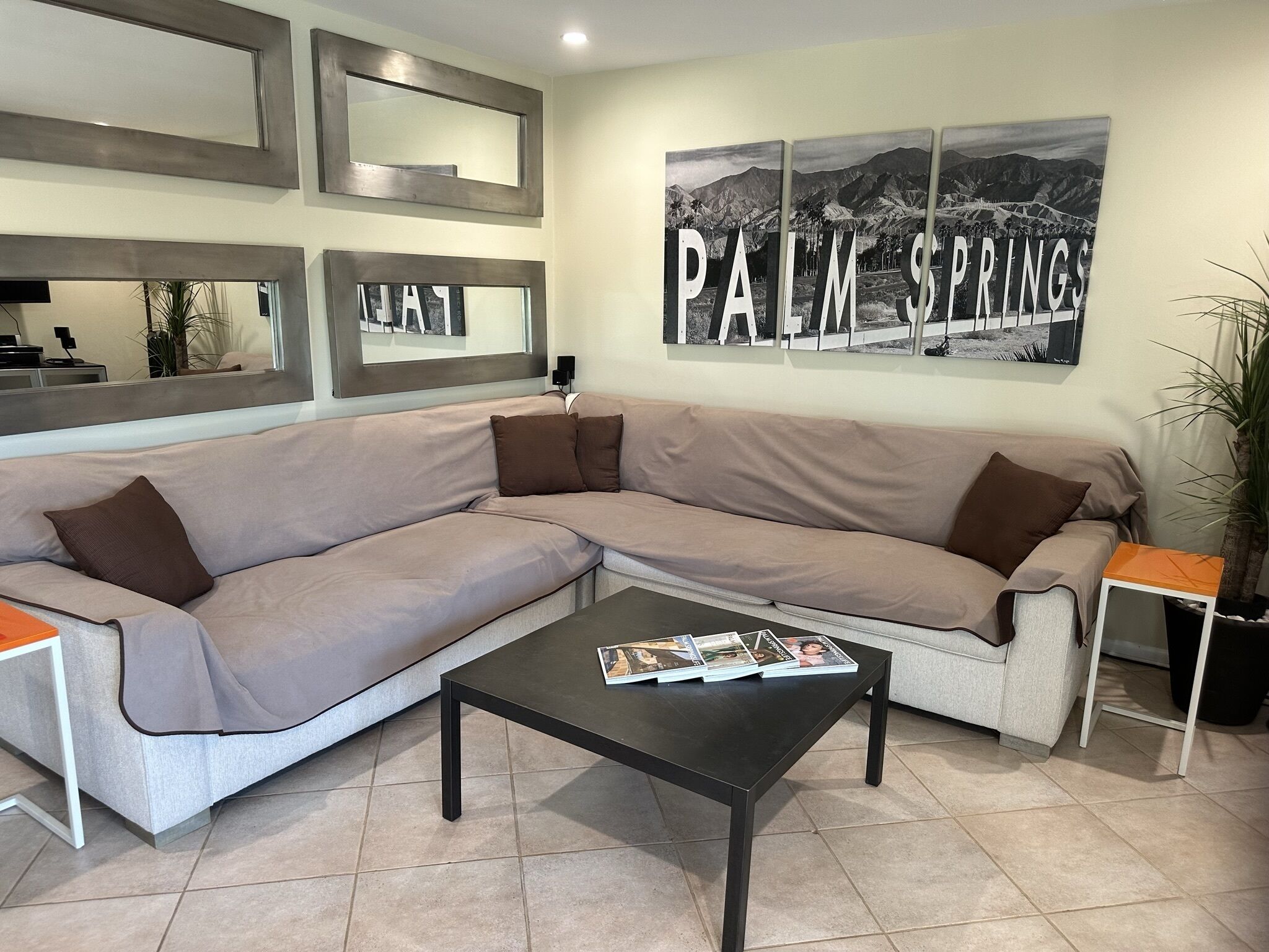 En moderne stue med en beige hjørnesofa, et sort sofabord med blade, og et stort billedramme med et motiv fra Palm Springs på væggen.