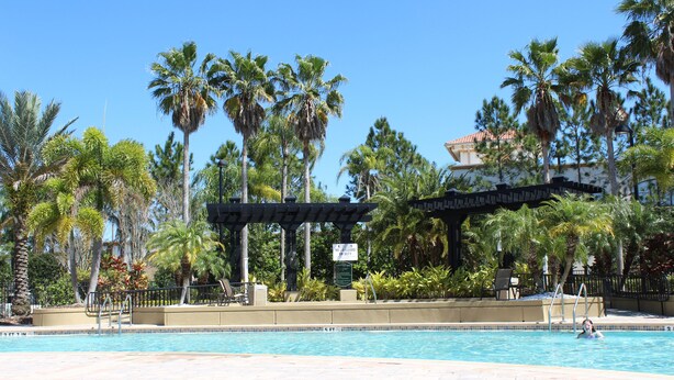 A swimming pool with palm trees and a covered area. - VC210 - Universal, Sea World, Convention Center (Orlando)