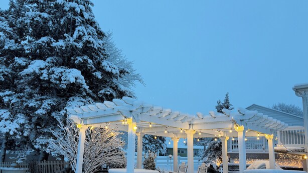 Uma área externa coberta de neve, com um gazebo, mesas de piquenique e luzes de fada.