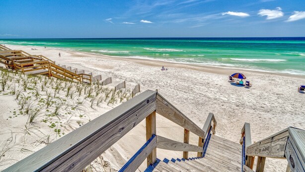 A beach with wooden walkways and a sandy area with a few people.