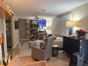 Smart TV, chimenea, reproductor de DVD, estéreo