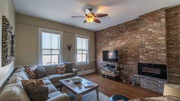 Smart TV, fireplace, DVD player, books