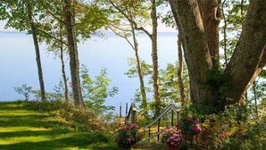 Uma escadaria de madeira leva a um cais à beira de um lago, cercado por árvores e vegetação.