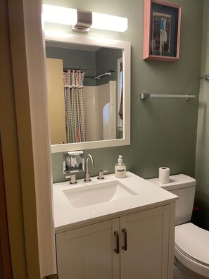 Combined shower/bathtub, hair dryer, towels, soap