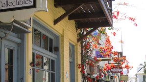 A street view with a shop displaying antiques and collectibles.