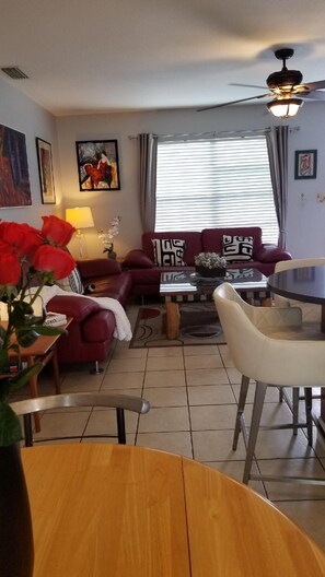 Smart TV, DVD player, books, music library