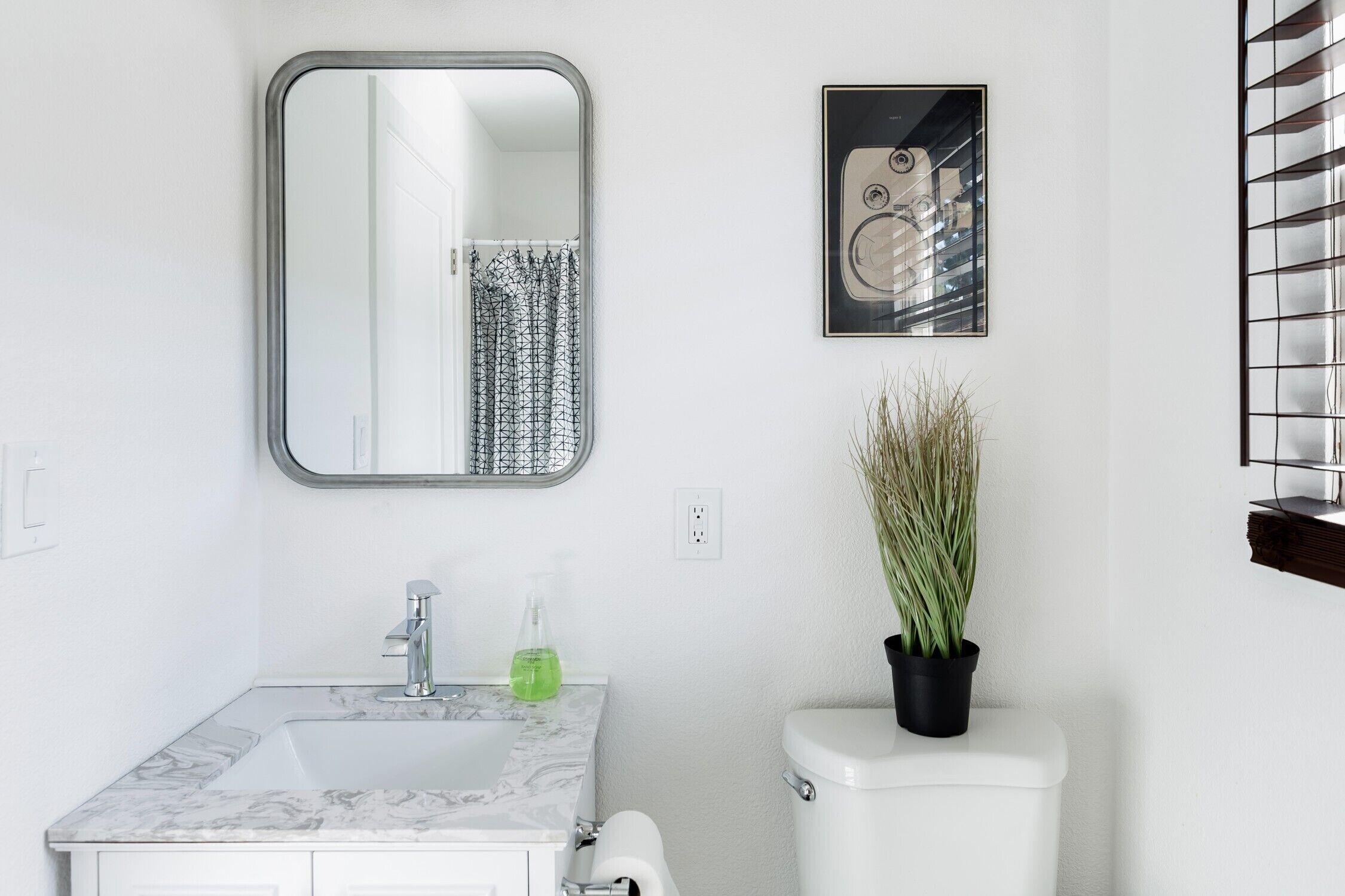 A bathroom with a marble sink, a toilet, a mirror, a framed picture, and a potted plant.
