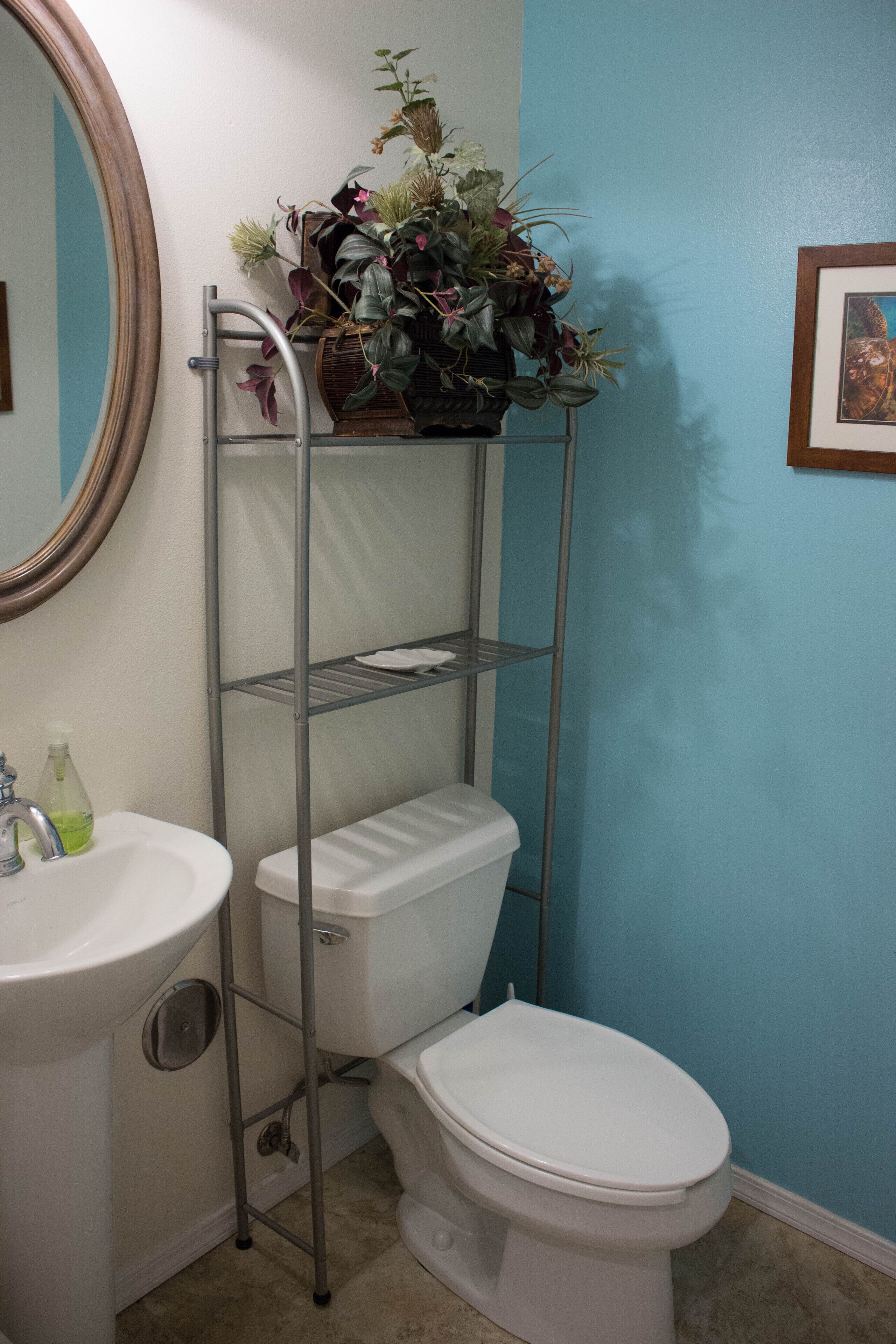 A bathroom with a white sink, toilet, and a metal shelf holding a potted plant.