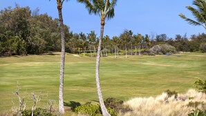 A golf course with a clear sky, palm trees, and a well-maintained lawn. - Excellent for couples or families. Right on the Golf Course. (Waikoloa)
