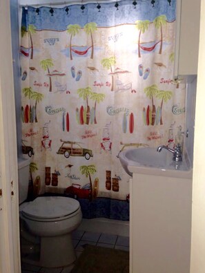 Combined shower/bathtub, hair dryer, towels