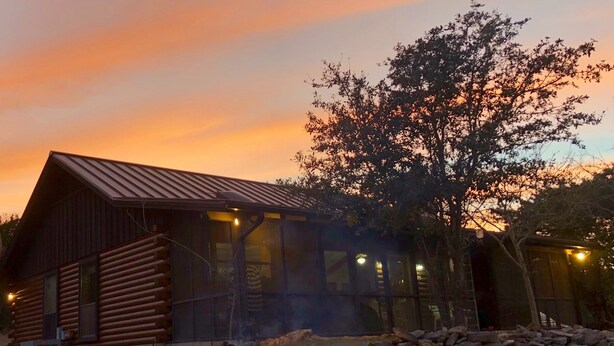 A log cabin with a stone fire pit and a tree in the foreground.