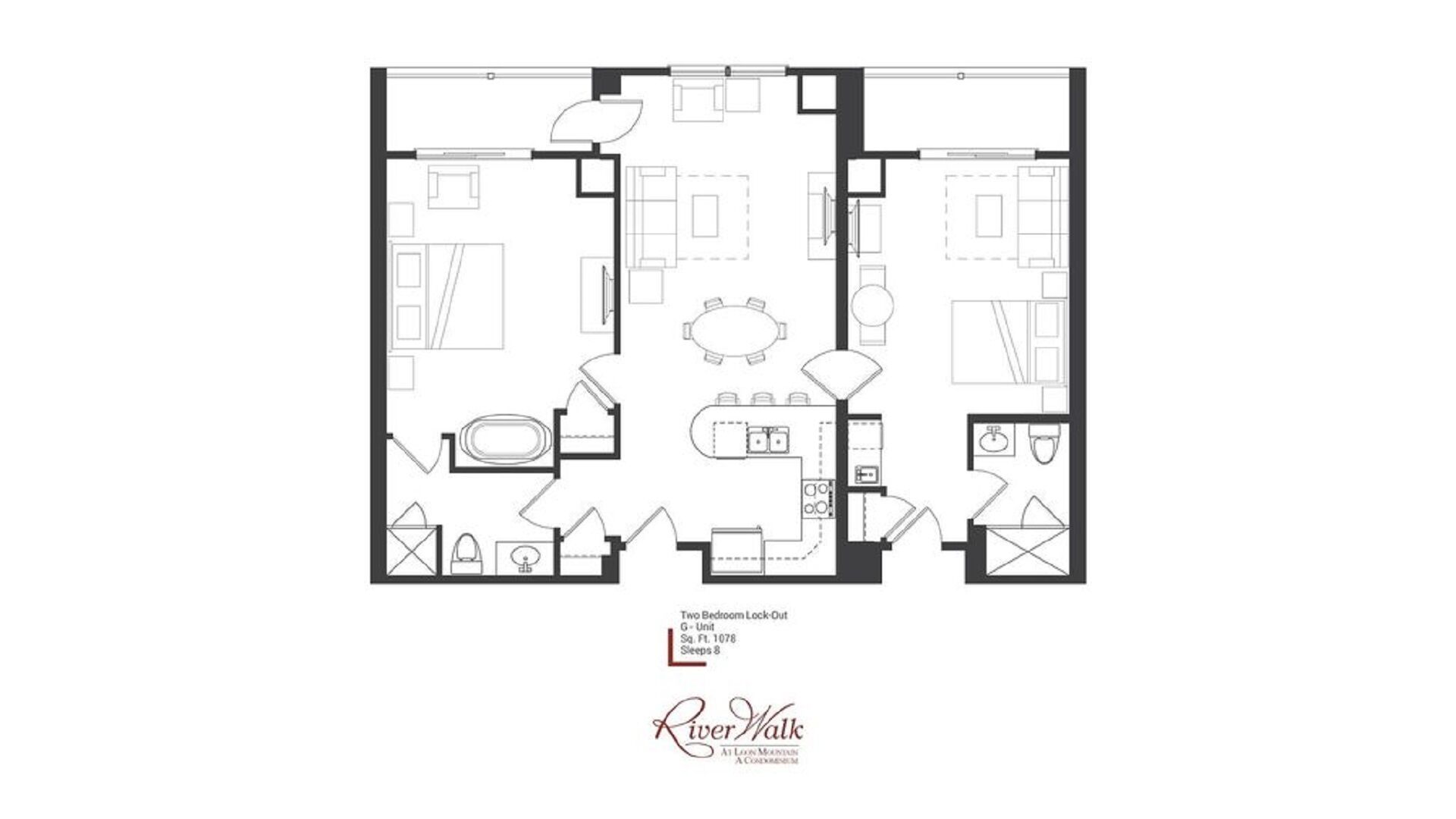 Disposizione di un’unità con due camere da letto e accesso separato, con zona pranzo, cucina e bagno.