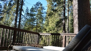 A wooden deck with a wicker lounge chair and a cushion, surrounded by tall pine trees.