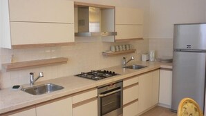 A modern kitchen with a gas stove, oven, two sinks, and a built-in refrigerator. - Gorgeous 2.5 Bdrm Apt. in Jerusalem (Jerusalem)