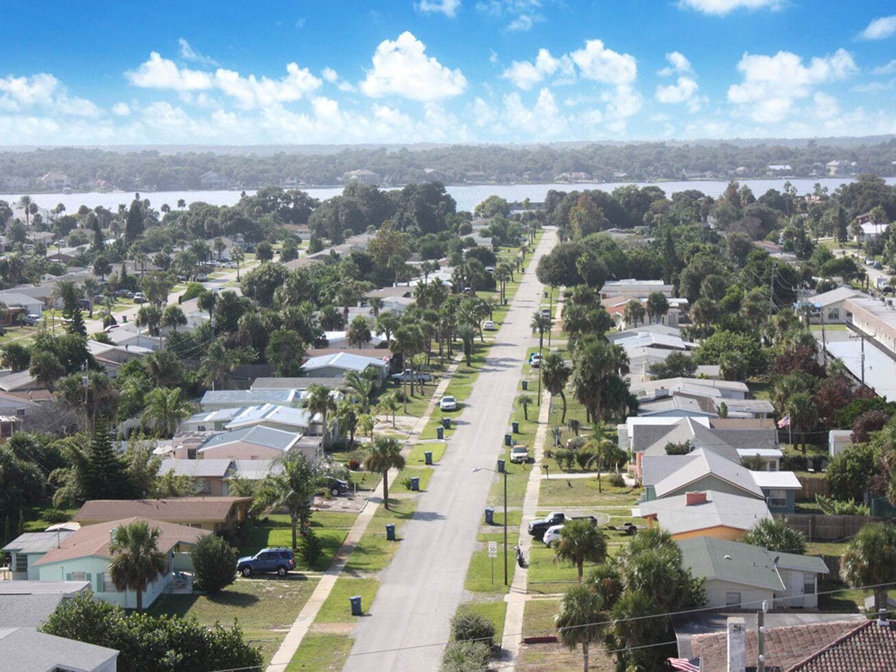 A residential area with houses, palm trees, and a road.