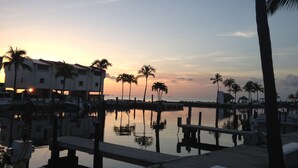 A waterfront view with palm trees and a building with multiple balconies overlooking the water. - Work remote, or not at all, in paradise at this cozy, beachy condo!  (Tavernier)