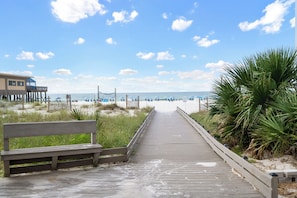 Une promenade en bois menant à une plage, avec un banc et des palmiers.