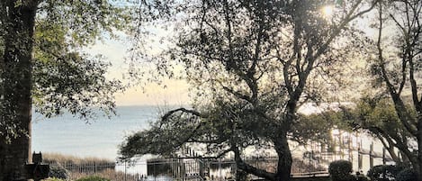 A garden with a stone pathway leading to a wooden fence overlooking a body of water.